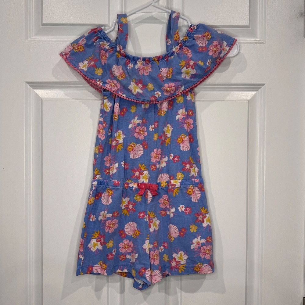 Tommy Bahama Kids Blue Floral Shell Off Shoulder Romper Jumpsuit Size 7/8